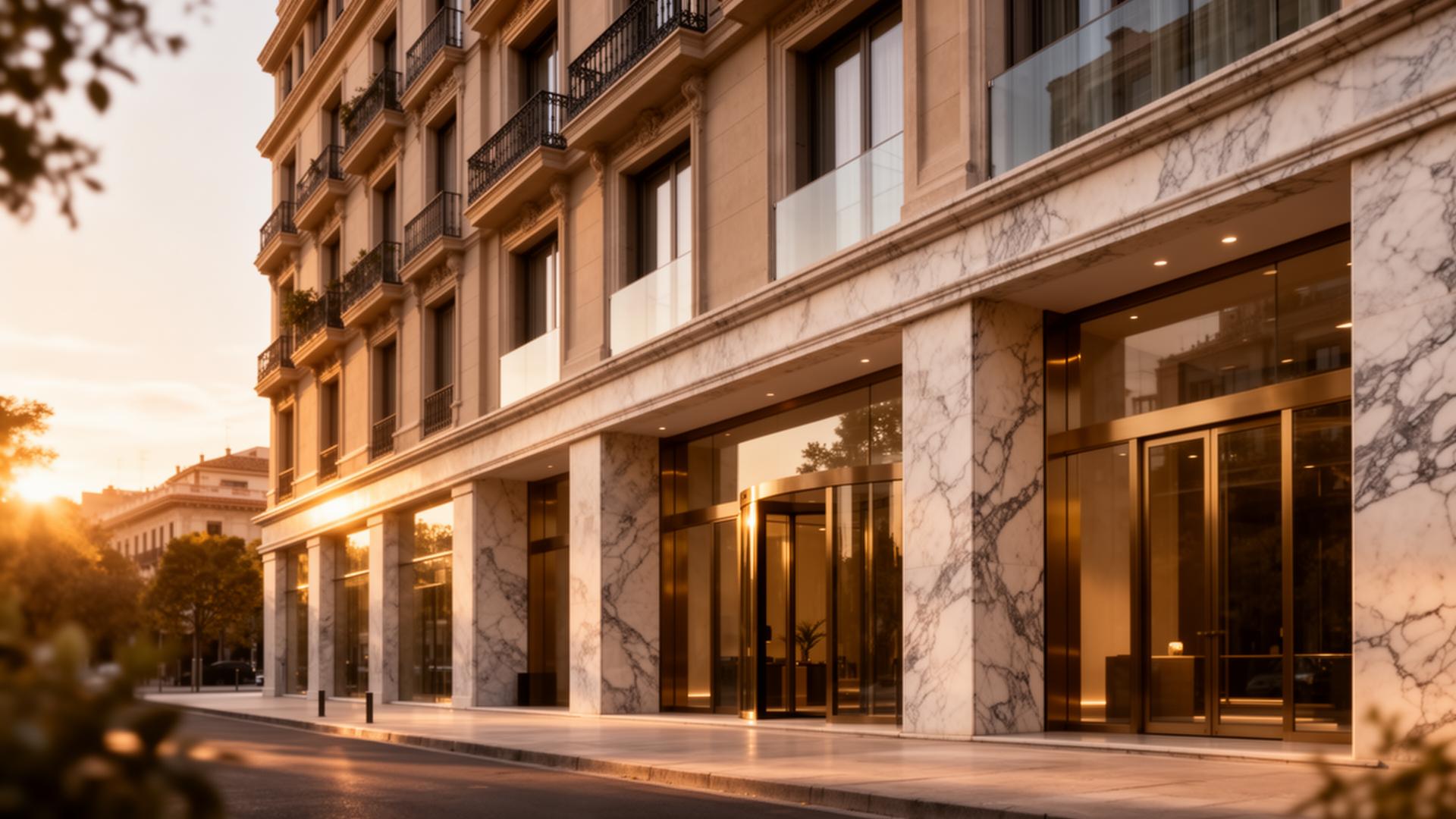 Edificio residencial premium en España al atardecer